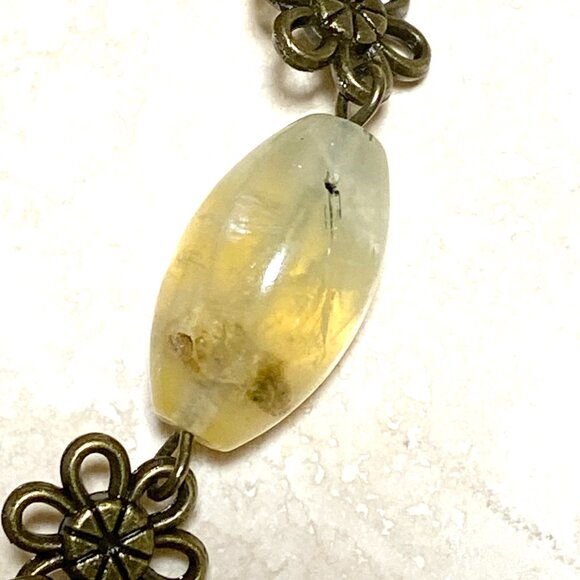 Natural Yellow Prehnite Necklace, Genuine Gemstones & Bronze Flower Chain - Picture 8 of 12